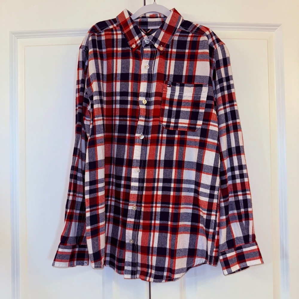 Tommy Hilfiger Boys Flannel Button Down Shirt Red Blue White Plaid L (16/18)